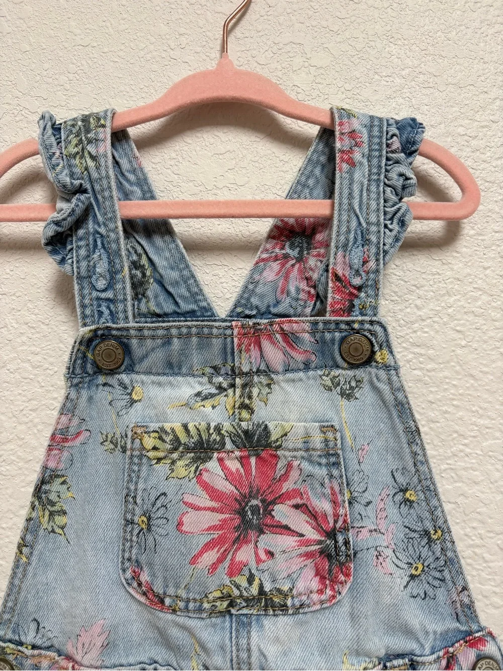 GAP Toddler Girls Floral Print Light Blue Denim Overalls 100% Cotton 3T